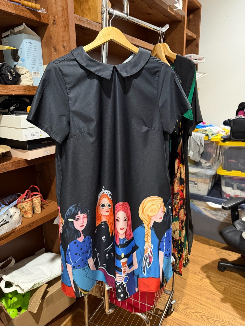 Zanzea Black Short-Sleeve Dress with Colorful Doll Border